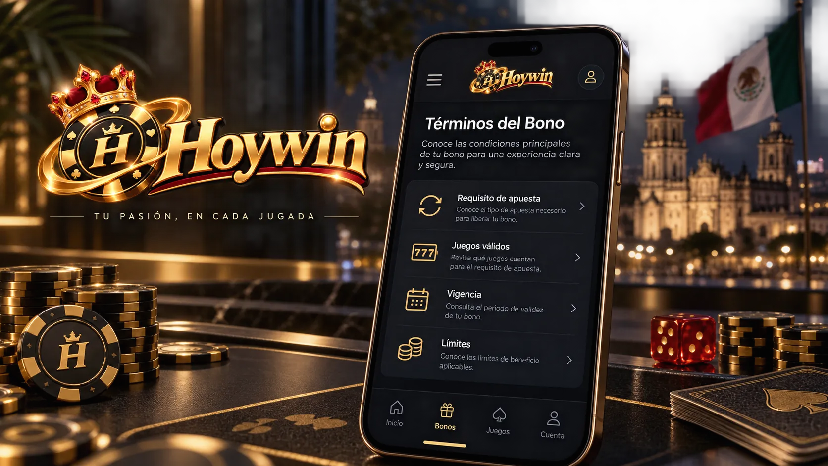 Interfaz móvil con las condiciones principales de un bono de casino