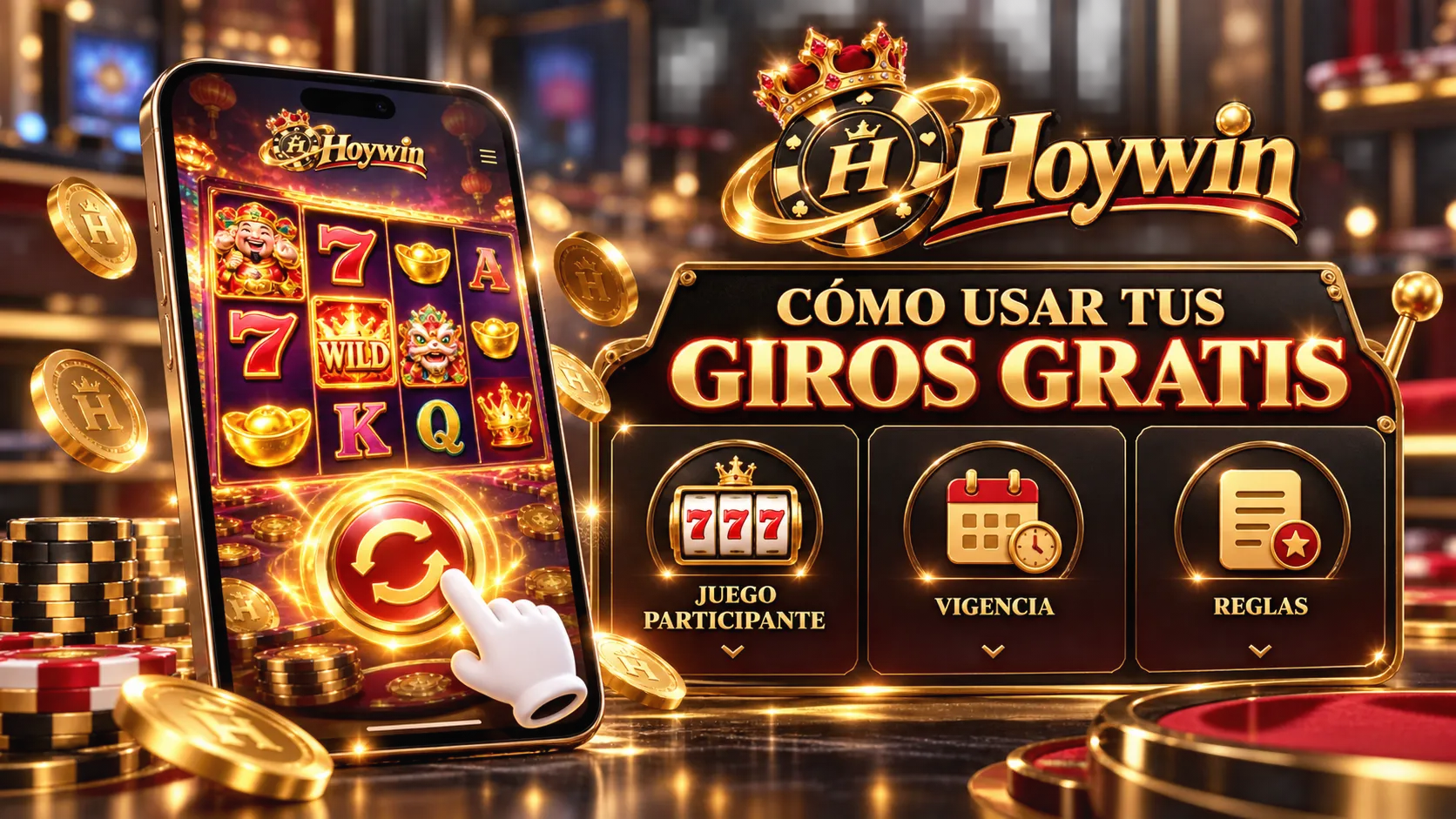 Pantalla de tragamonedas y condiciones de una promoción de giros gratis