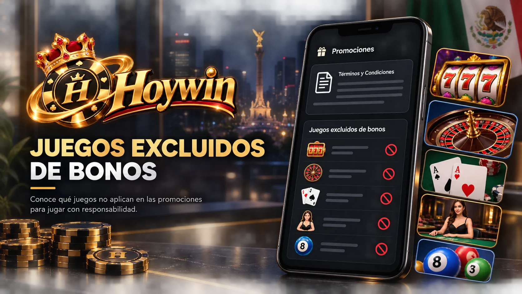 Interfaz móvil de promociones con condiciones de bono y juegos de casino