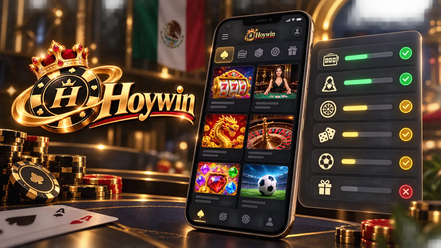 Pantalla de casino móvil con categorías de juegos y condiciones de una promoción