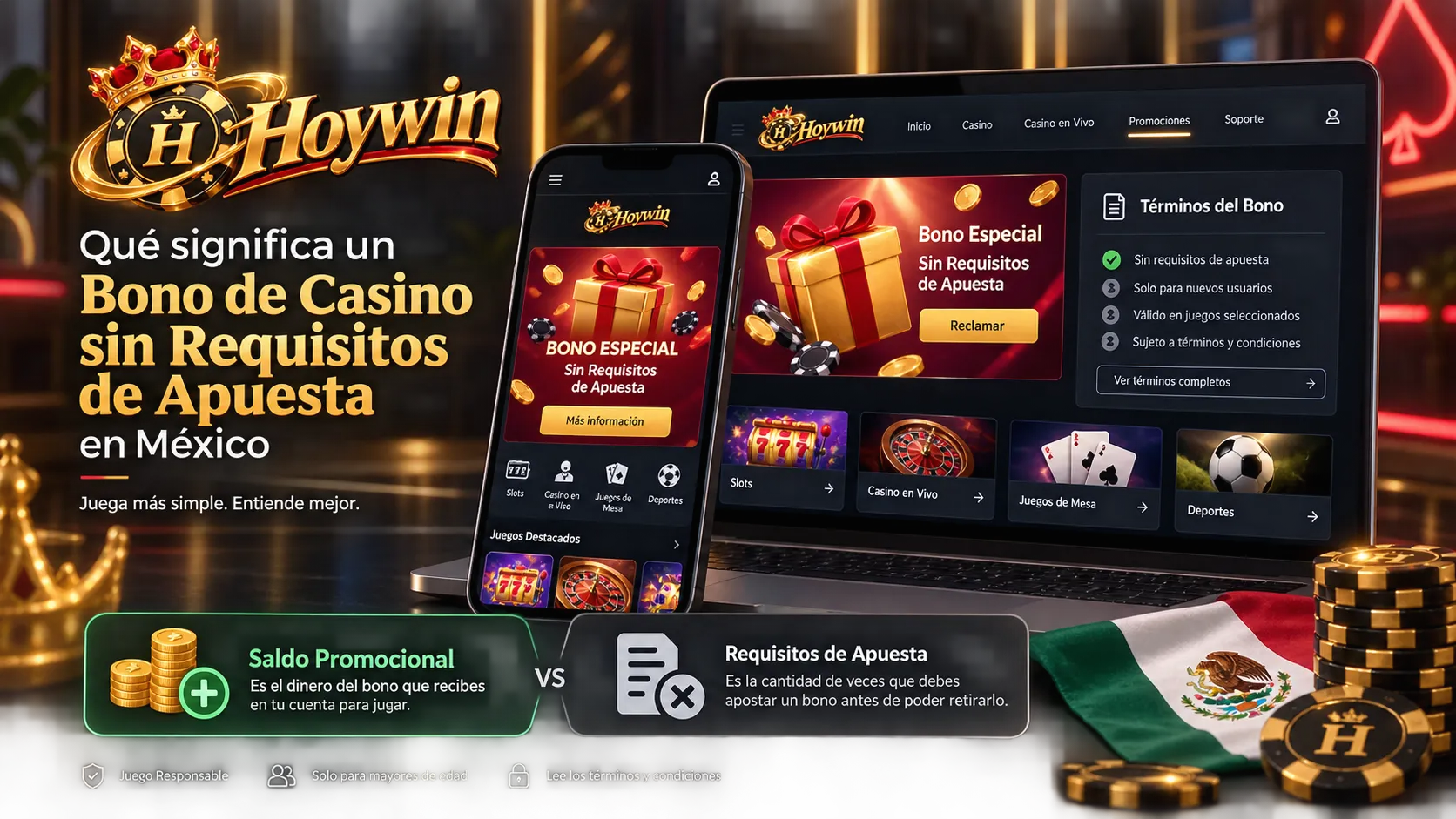 Interfaz de casino online con información sobre un bono y sus requisitos de apuesta